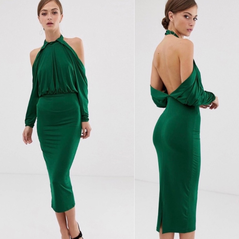 slinky highneck blouson sleeve openback midi dress - Picture 3 of 4